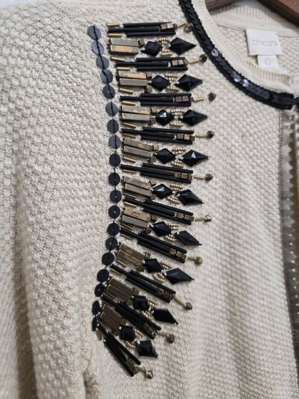 Chicos Size 0 Beige Beaded Embellished Cardigan Sweater Cotton Blend - Picture 7 of 13